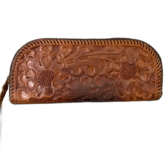 Vintage Tooled Leather Clutch Purse Bag Brown Western Rodeo Zip around  patina * - Picture 4 of 13